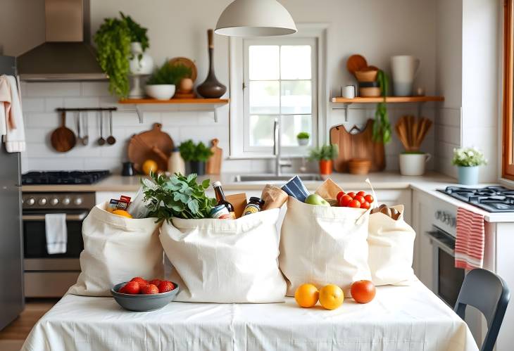 Modern Eco Kitchen with Groceries in Reusable Textile Bags